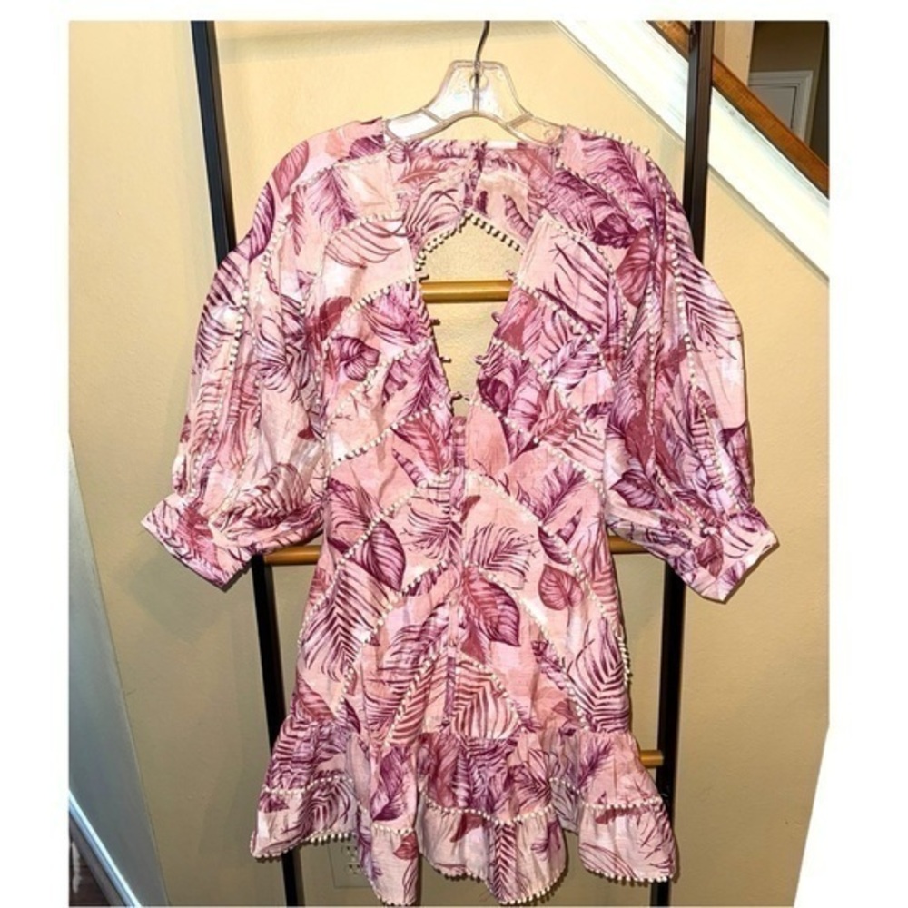 ASOS DESIGN palm print structured mini dress with lace trim detail  puff sleeve